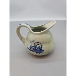 Vintage Blue Creamer Pitcher Hand Painted In Japan Windmill 3"tall 4" Diameter